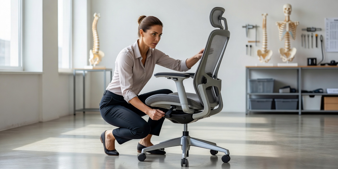 Ergonomic specialist examining an office chair in a bright studio