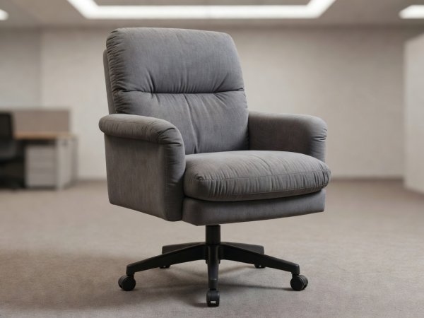 Thickly padded grey fabric office chair