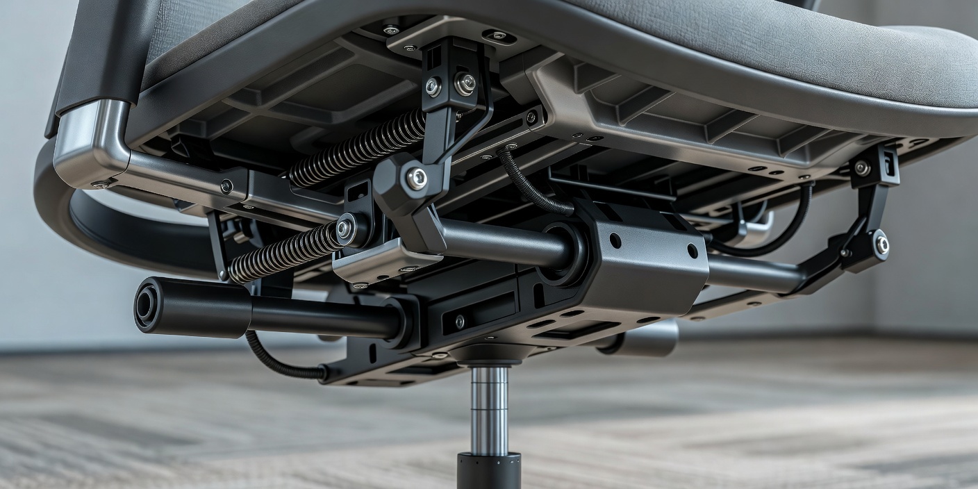 View of the mechanical components beneath an ergonomic office chair seat pan